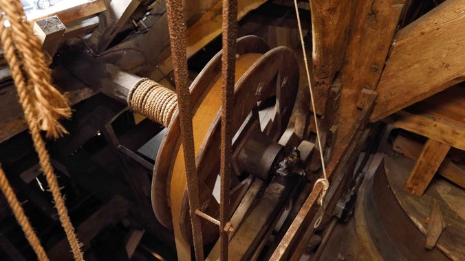 The mechanism of the fully restored medieval Nether Alderley Mill, Cheshire